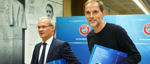 UEFA-Trainerforum in Nyon: Der stellvertretende UEFA-Generalsekretär Giorgio Marchetti (l) und Thomas Tuchel.