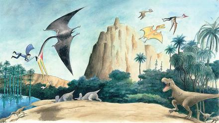 Das ist noch einmal gut gegangen. „Magic Man“ rettet furchtlos den kleinen Tyrannosaurus aus dem Schnabel des Quetzalcoatlus. Illustration: Thé Tjong-Khing