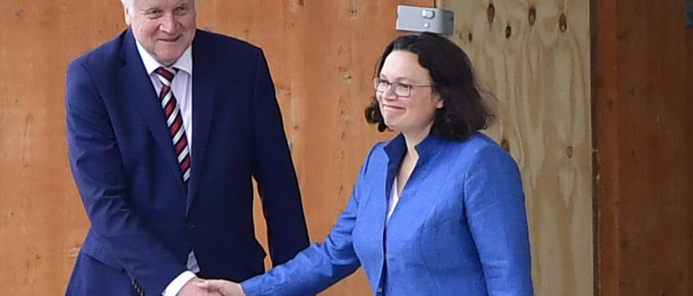 Innenminister Horst Seehofer (CSU) und SPD-Chefin Andrea Nahles verabschieden sich nach dem Krisengespräch mit einem Handschlag.