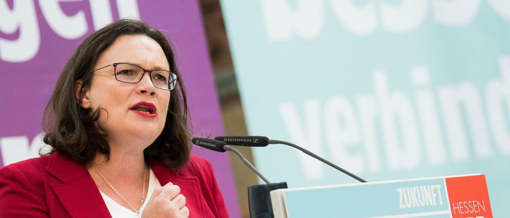 Andrea Nahles, Bundesvorsitzende der SPD spricht bei dem offiziellen Wahlkampfauftaktes der SPD Hessen in der Lounge Offenbach. 