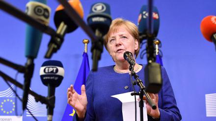 Ich sag's euch. Angela Merkel bei der Pressekonferenz in Brüssel im Juni 2018.