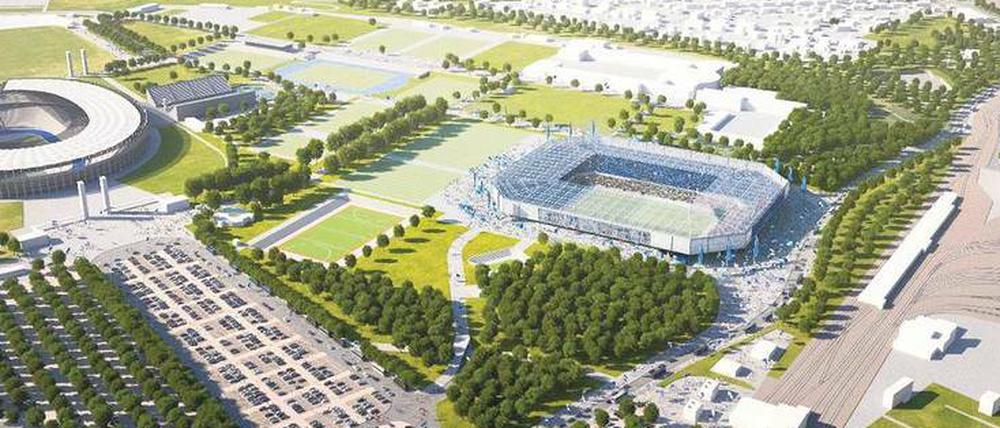 BERLIN, NEU? Das Hertha-Stadion soll neben dem Olympiastadion entstehen (im Hintergrund die Siedlung Ruhleben). Die Fakten: 55 000 Plätze, davon 10 000 Stehplätze, keine Laufbahn. Planung und Bauzeit: 4,5 Jahre. Fertigstellung: 2025.