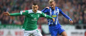 Hertha läuft hinterher. Fabian Lustenberger (rechts) und der Bremer Maximilian Eggestein. 