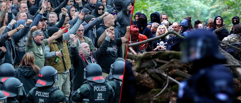 Vetreter der "Hufeisen-Theorie" geben sich Mühe, Gemeinsamkeiten zwischen Rechten in Chemnitz und Linken im Hambacher Forst zu finden. 