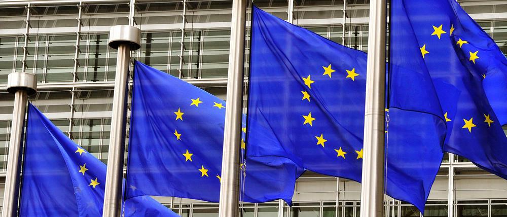 Europaflaggen wehen vor dem Eingang der EU-Kommission in Brüssel.