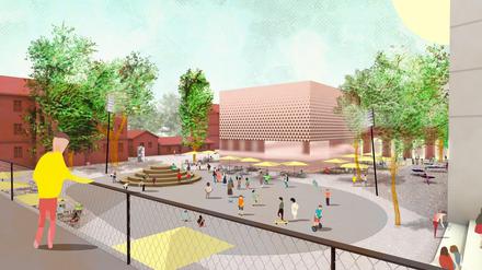 Marktplatz mit Kletterkegel im Eingangsbereich. Bis das RAW-Gelände so aussieht, werden noch viele Monate vergehen.