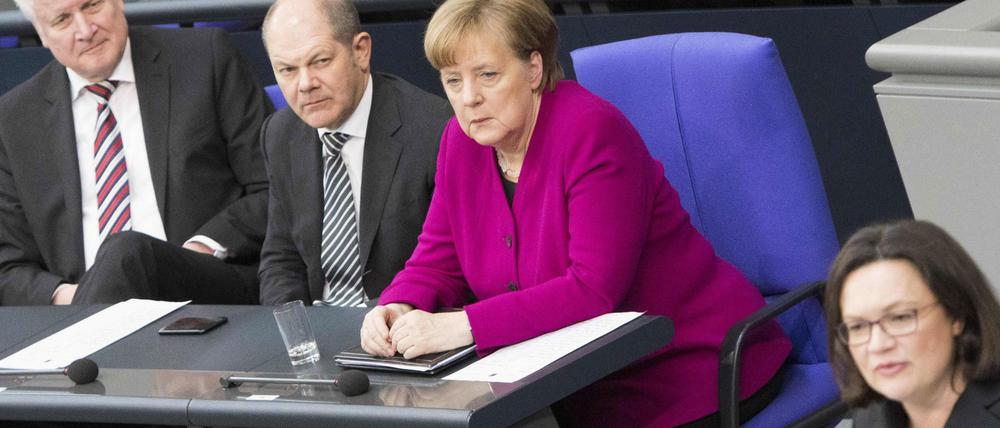 Kanzlerin Angela Merkel (CDU), Finanzminister Olaf Scholz (SPD) Innenminister Horst Seehofer (CSU) und SPD-Chefin Andrea Nahles.