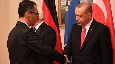 Der Grünen-Bundestagsabgeordnete Cem Özdemir (links) trifft beim Staatsbankett den türkischen Präsidenten Recep Tayyip Erdogan. 