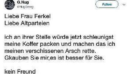 Nur einer der Tweets, der Kanzlerin und Politik übel beschimpft.