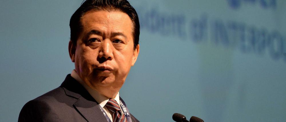 Meng Hongwei bei einer Rede auf dem Interpol Weltkongress in Singapur.