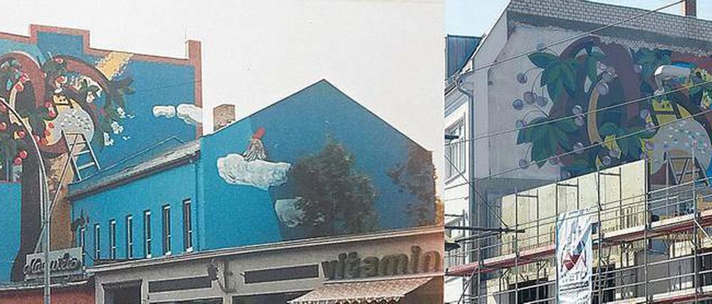 Aus „Der Kirschdieb“ macht Skip Pahler 1987 ein Wandbild in der Berliner Straße. Nun steht ein Neubau davor.