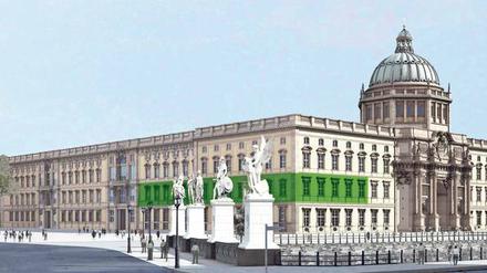 Ein Bild des Humboldt-Forums, in dem die Räume der Humboldt-Universität im ersten Stock grün eingezeichnet sind.