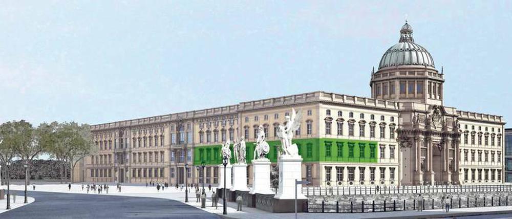 Ein Bild des Humboldt-Forums, in dem die Räume der Humboldt-Universität im ersten Stock grün eingezeichnet sind.