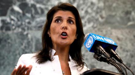 Die amerikanische UN-Botschafterin Nikki Haley bei einer Pressekonferenz im Hauptquartier der Vereinten Nationen.