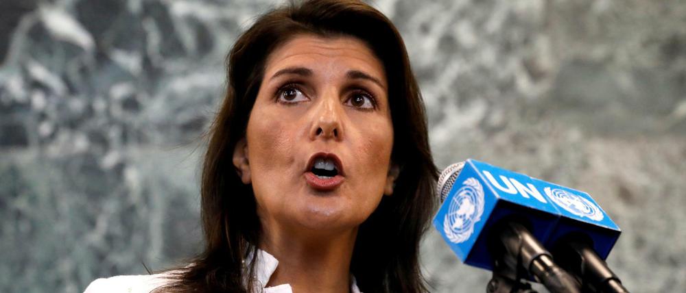 Die amerikanische UN-Botschafterin Nikki Haley bei einer Pressekonferenz im Hauptquartier der Vereinten Nationen.