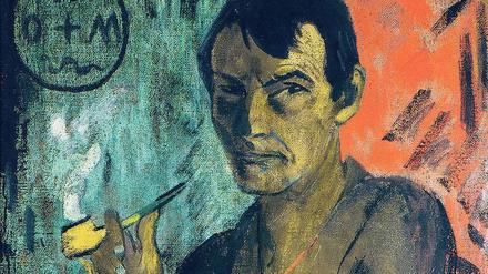 Otto Mueller mit melancholischem Blick in „Selbstbildnis mit Pentagram“ (Leimfarbe auf Rupfen, um 1924).