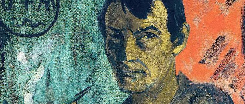 Otto Mueller mit melancholischem Blick in „Selbstbildnis mit Pentagram“ (Leimfarbe auf Rupfen, um 1924).