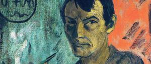 Otto Mueller mit melancholischem Blick in „Selbstbildnis mit Pentagram“ (Leimfarbe auf Rupfen, um 1924). 