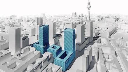 Zwei Hochhäuser bis 130 Meter und ein niedrigerer Bau sind in dieser Volumenstudie geplant. 
