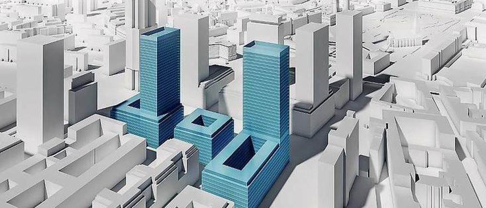 Zwei Hochhäuser bis 130 Meter und ein niedrigerer Bau sind in dieser Volumenstudie geplant. 