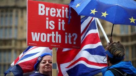 Anti-Brexit-Demonstranten protestieren vor dem Parlament in London. 