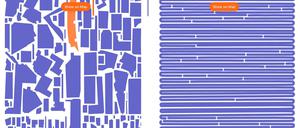 Das ausgestellte Projekt „What the Street?“ (oben) zeigt, wie viel Platz Autos, Bahn und Rad zur Verfügung steht.