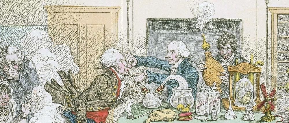 Chemiker Humphry Davy (rechts) hat mit der Wirkung von Lachgas experimentiert.