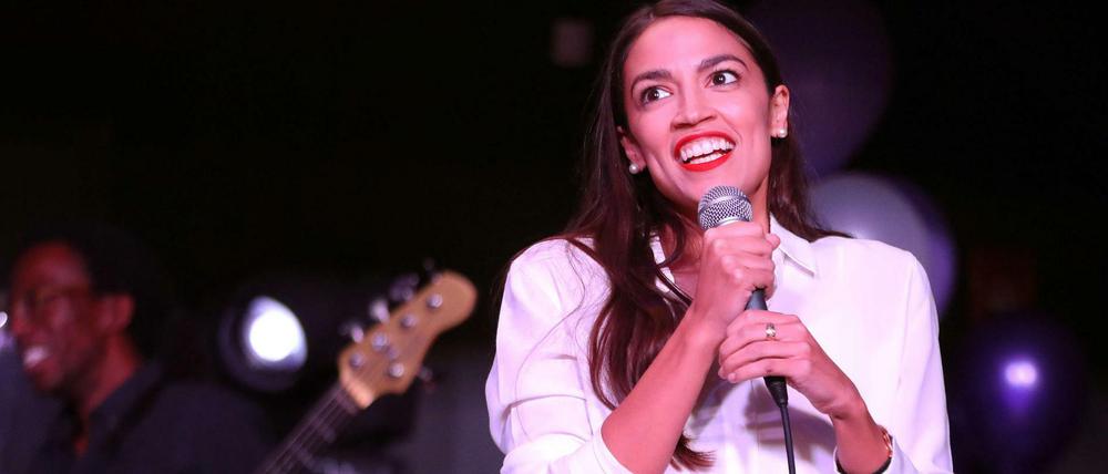 NEW YORK, NY - NOVEMBER 06: Alexandria Ocasio-Cortez addresses the crowd gathered at La Boom night club in Queens on November 6, 2018 in New York City. With her win against Republican Anthony Pappas, Ocasio-Cortez became the youngest woman elected to Congress. Rick Loomis/Getty Images/AFP== FOR NEWSPAPERS, INTERNET, TELCOS & TELEVISION USE ONLY ==