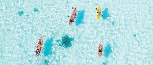 Gäste paddeln im türkisfarbenen Meer.