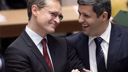 Berlins Regierender Bürgermeister Müller und der SPD-Fraktionsvorsitzende Saleh tauschen gerne Ideen aus.