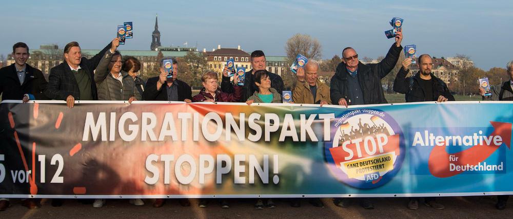 Mitglieder der Meißner AfD protestierten am Mittwoch vor dem Landtag Sachsen gegen den Migrationspakt.