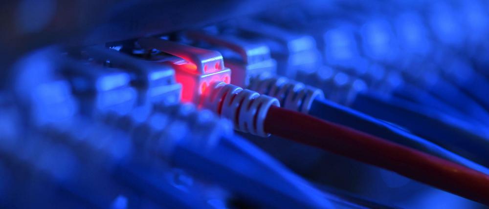 Ein Netzwerkkabelstecker leuchtet in einer Netzwerkzentrale rot.