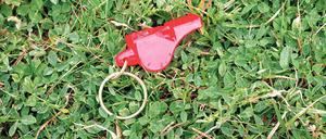 Eine Schiedsrichterpfeife liegt auf dem Rasen. Die Pfeife von David McNamara bleibt bald erst einmal stumm.