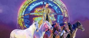 Ungarische Post. Ein Reiter steht jeweils mit einem Bein auf dem Rücken von zwei Pferden.