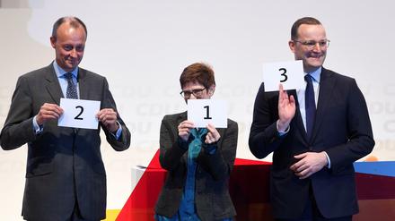 Reihenfolge des Auftritts: Die Kandidaten Friedrich Merz, Annegret Kramp-Karrenbauer und Jens Spahn 