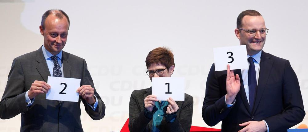 Reihenfolge des Auftritts: Die Kandidaten Friedrich Merz, Annegret Kramp-Karrenbauer und Jens Spahn 