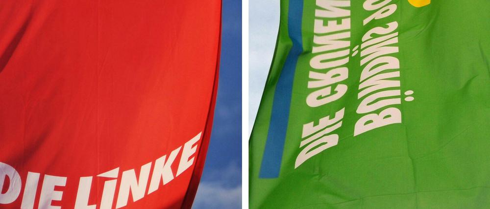 Fahnen der Parteien Die Linke (l) und Bündnis 90/Die Grünen.