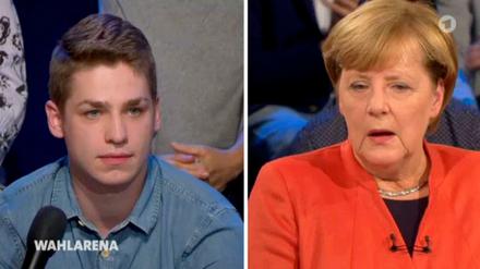 Krankenpfleger Alexander Jorde und Bundeskanzlerin Angela Merkel am 11.09.2017 in der ARD-"Wahlarena": Der Auszubildende warf der CDU in der live übertragenen Sendung vor, dass im Parteiprogramm stehe, niemand müsse sich bei der Pflege Sorgen machen.