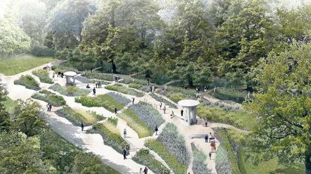 Der künftige Jüdische Garten soll auf einer Anhöhe in der Sichtachse des Christlichen Gartens entstehen. 