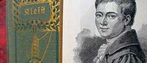 Porträt Heinrich von Kleists und historische Ausgaben seiner Werke in einem Bücherregal.