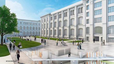Simulation des künftigen Campushofs des Museums für Naturkunde Berlin mit Blick ins zweistöckige Tiefendepot.