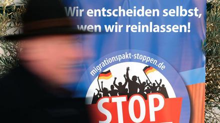 Ein AfD-Banner bei der Europawahlversammlung der Partei in Magdeburg.