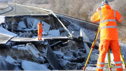 Die abgesackte Ostseeautobahn bei Tribsees Anfang des Jahres. Das ursprünglich 40 Meter große Loch wuchs auf 95 Meter.