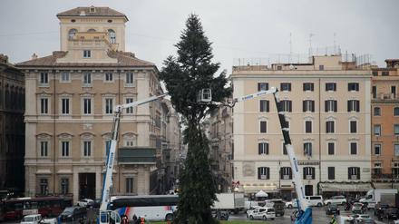 Graue Weihnachtsstimmung: Das Wetter beim Aufstellen des Weihnachtsbaumes auf dem Piazza Venezia in Rom ist ebenso trüb wie das Verhältnis zwischen Wirtschaftsverbänden und Regierung.