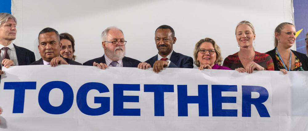 Die "High Ambition Coalition", darunter Bundesumweltministerin Schulze (4.v.r.), fordert mehr Anstrengung im Klimaschutz.