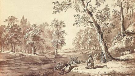 Arkadien mit niederländischen Einsprengseln. Jean-Jacques de Boissieus „Landschaft mit zwei Zeichnern“ (um 1795) belegt, wie wenig feste regionale Zuordnungen in der Kunst gelten.