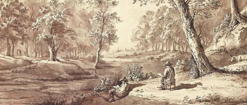 Arkadien mit niederländischen Einsprengseln. Jean-Jacques de Boissieus „Landschaft mit zwei Zeichnern“ (um 1795) belegt, wie wenig feste regionale Zuordnungen in der Kunst gelten.