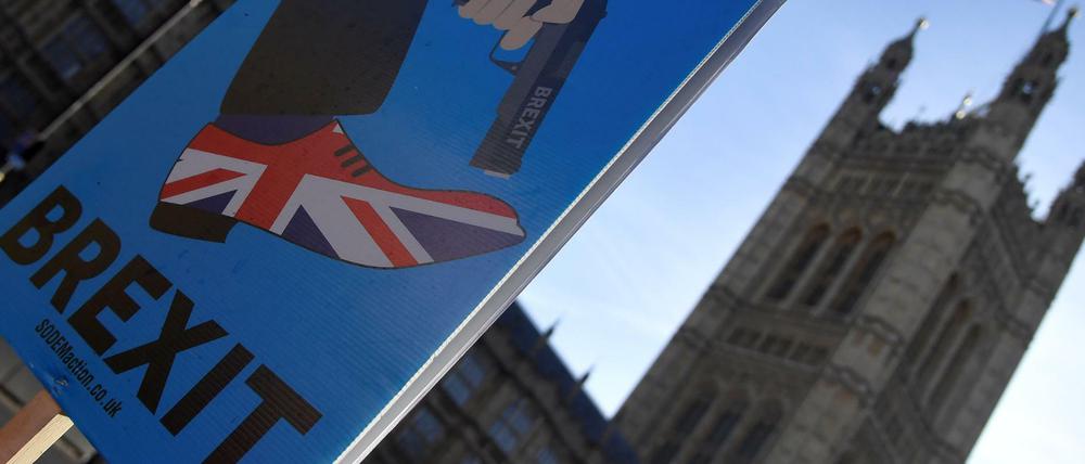 Ein Anti-Brexit-Plakat vor dem Parlament in London.
