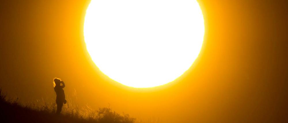 Eine Spaziergängerin steht vor der untergehenden Sonne. 