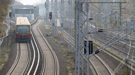 Eine S-Bahn fährt vom S-Bahnhof Karlshorst kommend in Richtung Ostkreuz.